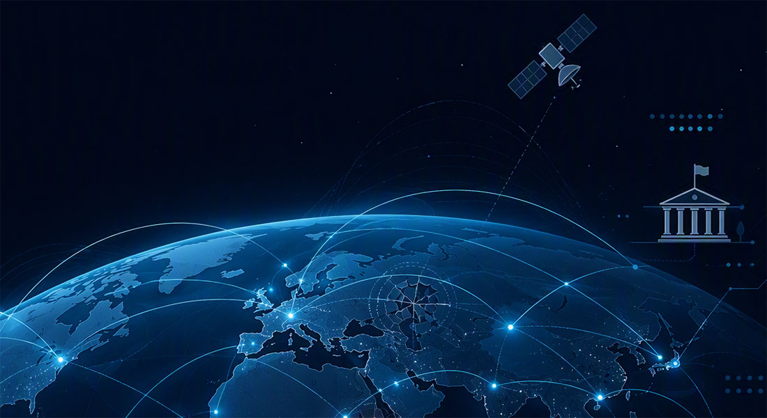 Animation af verden med netværk, der lyser op og en satellit ovenfor